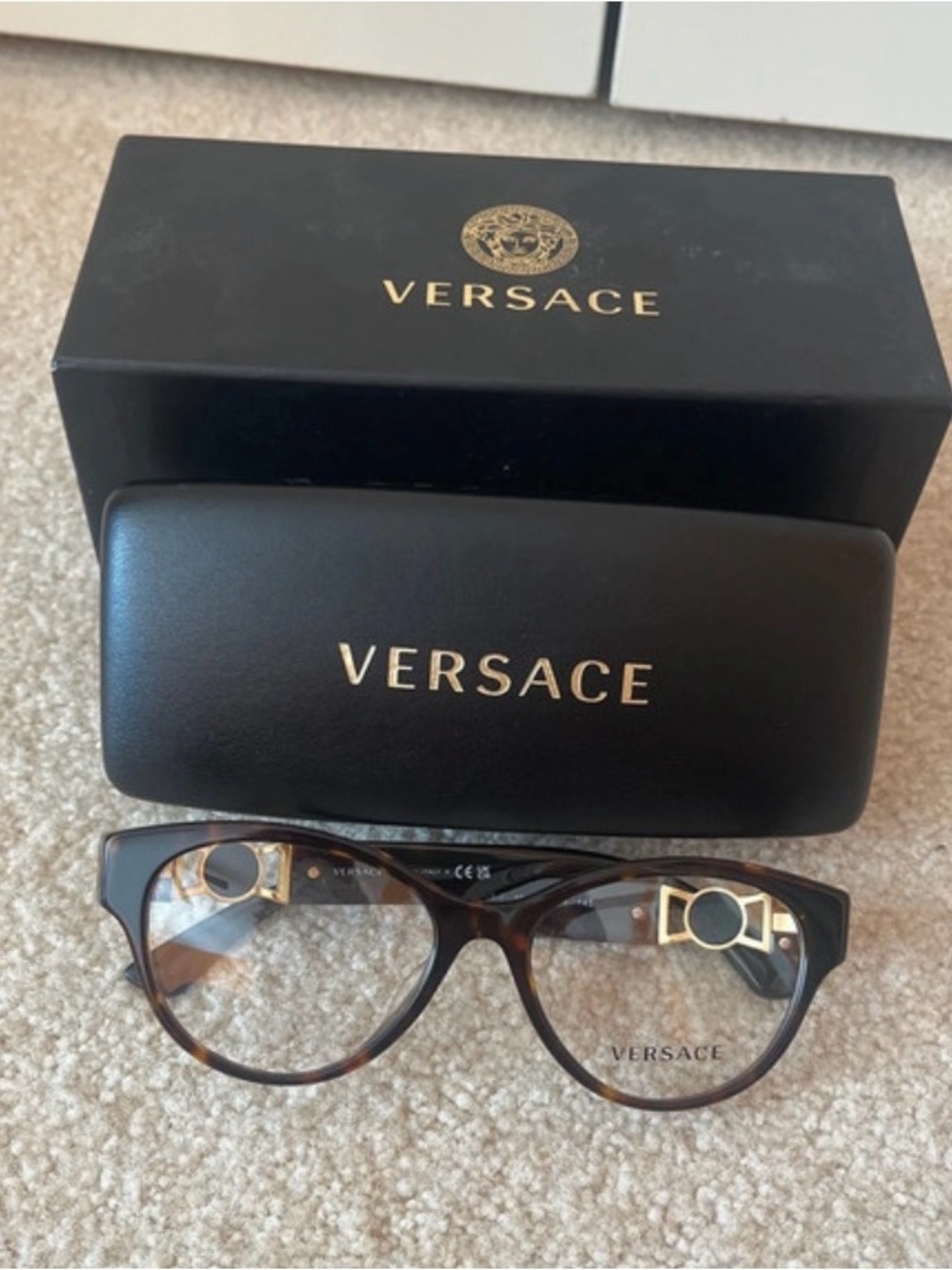 Versace Brown Tortoiseshell Round Cat-Eye Glasses with Gold Accents